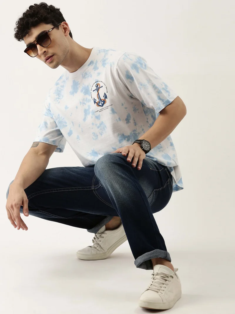 Maniac Maniac Tie and Dye Printed Mens 3-4th sleeve Round Neck White and Blue Cotton Boxy Fit T-Shirt