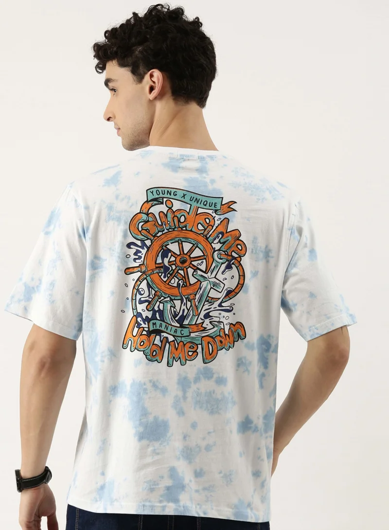 Maniac Maniac Tie and Dye Printed Mens 3-4th sleeve Round Neck White and Blue Cotton Boxy Fit T-Shirt