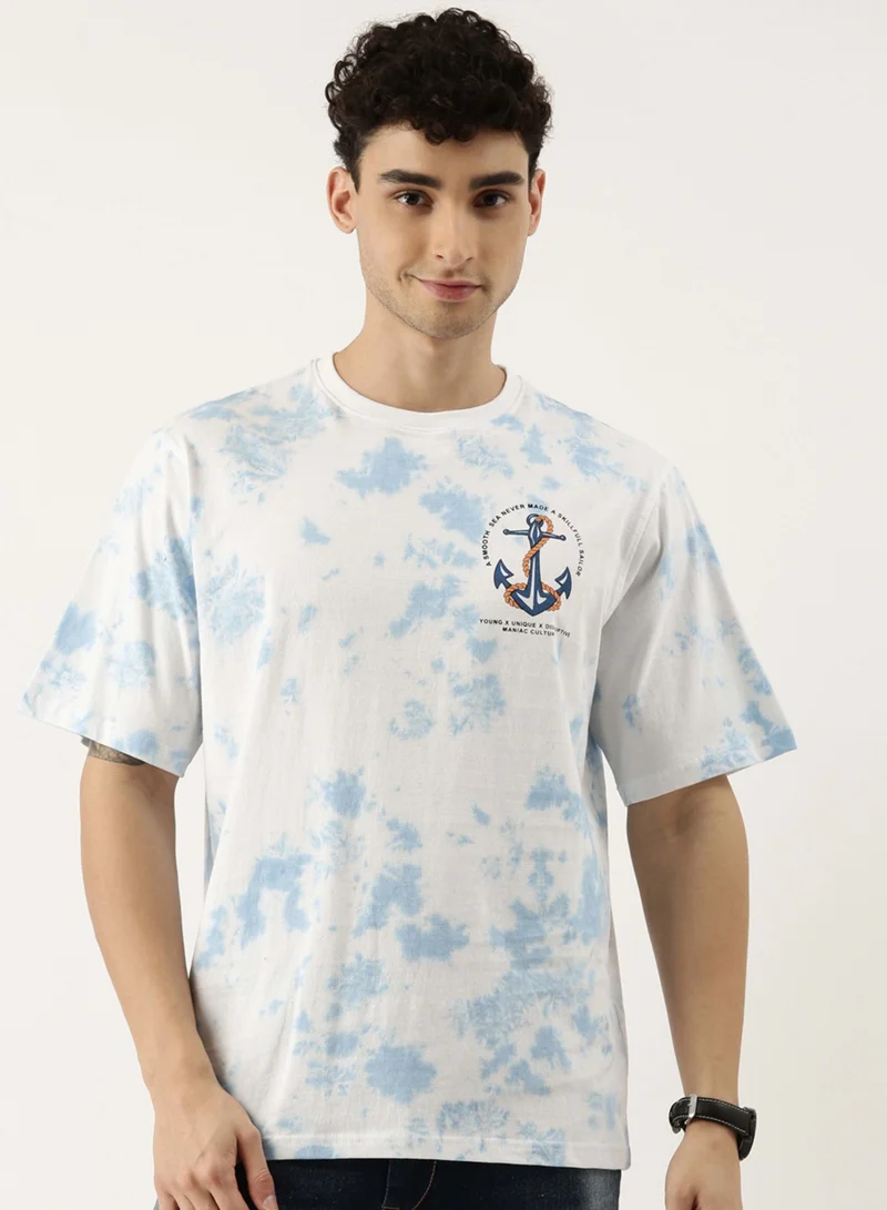 Maniac Maniac Tie and Dye Printed Mens 3-4th sleeve Round Neck White and Blue Cotton Boxy Fit T-Shirt