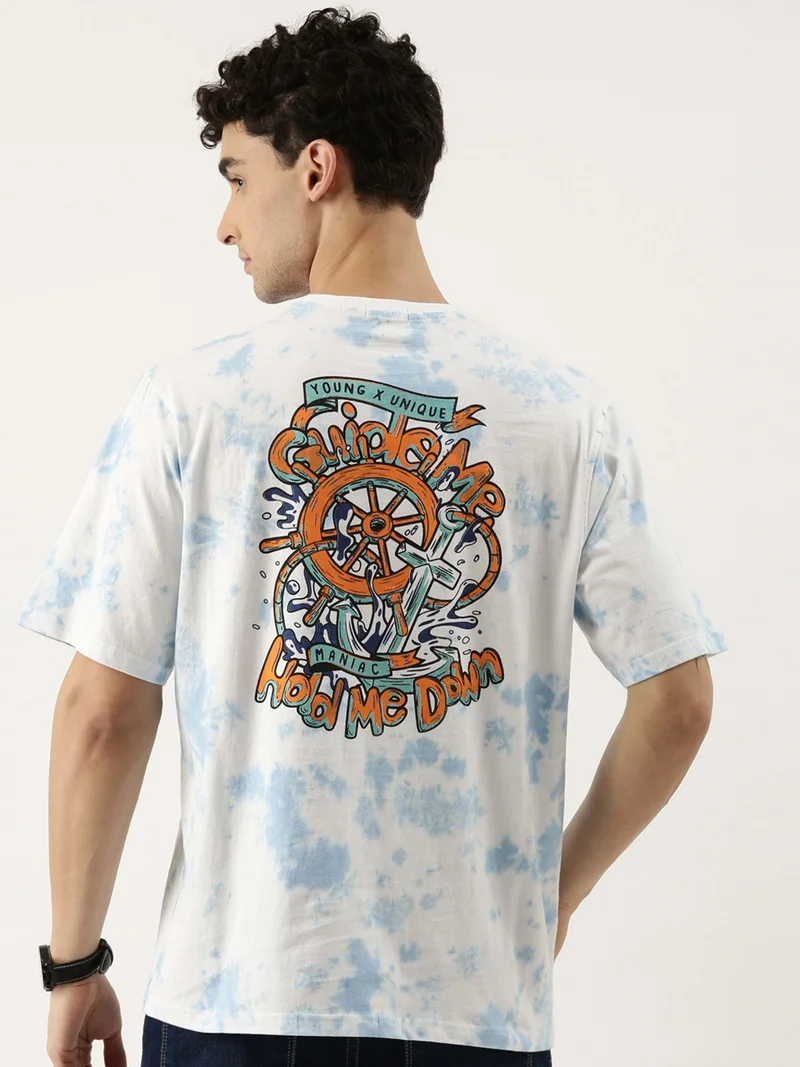 Maniac Maniac Tie and Dye Printed Mens 3-4th sleeve Round Neck White and Blue Cotton Boxy Fit T-Shirt