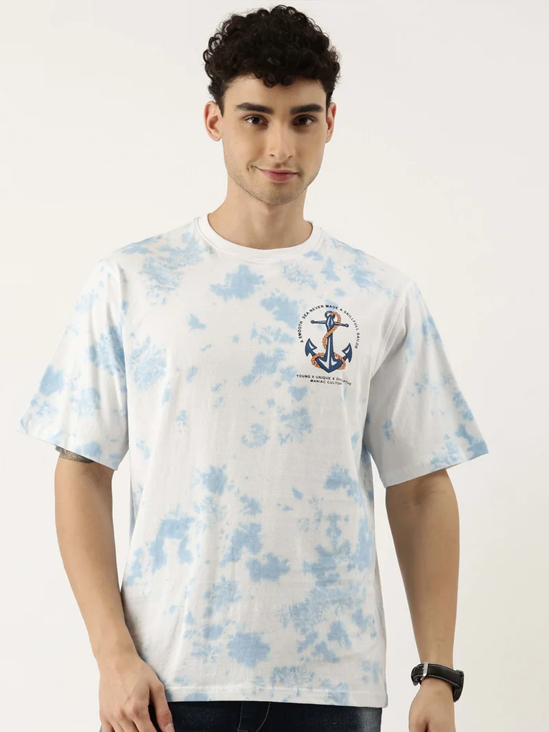 مانياك Maniac Tie and Dye Printed Mens 3-4th sleeve Round Neck White and Blue Cotton Boxy Fit T-Shirt