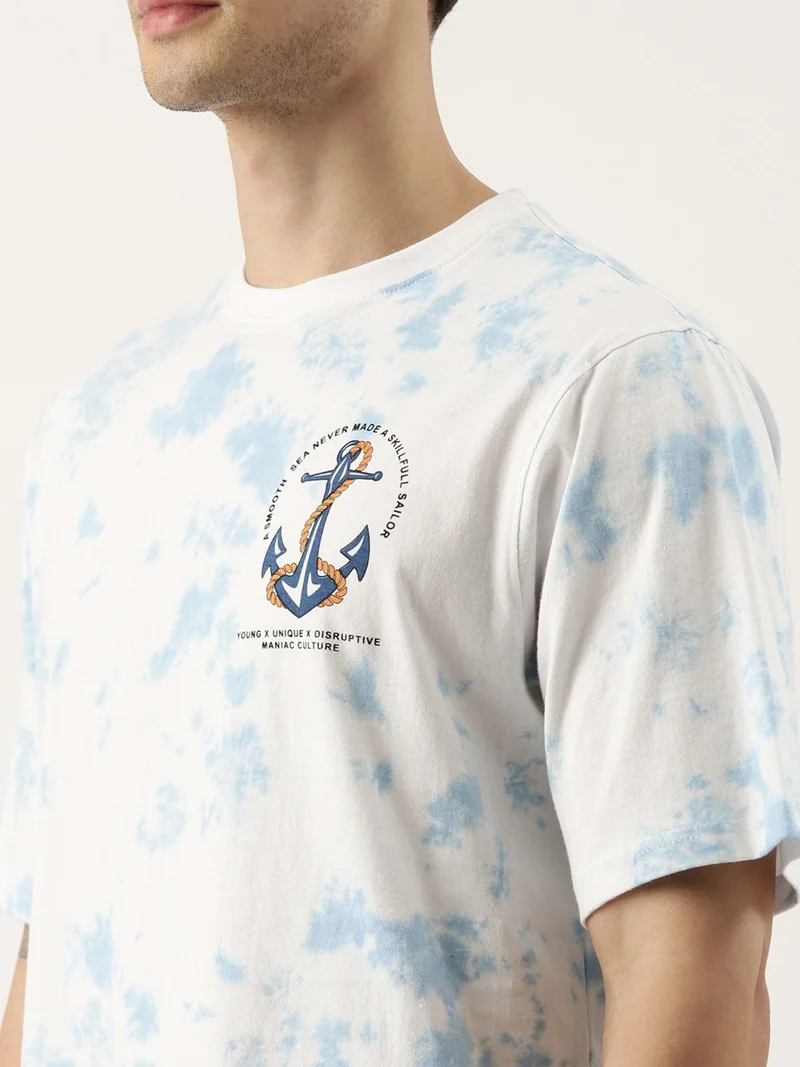 Maniac Maniac Tie and Dye Printed Mens 3-4th sleeve Round Neck White and Blue Cotton Boxy Fit T-Shirt
