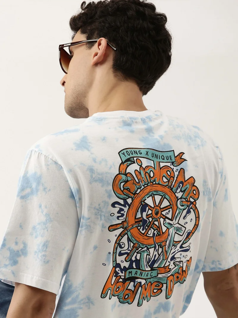 مانياك Maniac Tie and Dye Printed Mens 3-4th sleeve Round Neck White and Blue Cotton Boxy Fit T-Shirt
