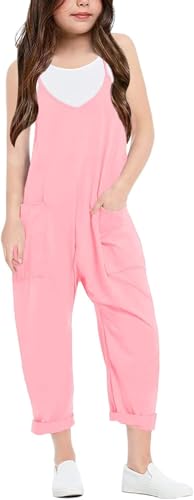 LNKQA Girl's Casual Sleeveless Jumpsuits Spaghetti Straps Harem Long Overalls With Pockets (Pink,7-8 Years) - Image 2