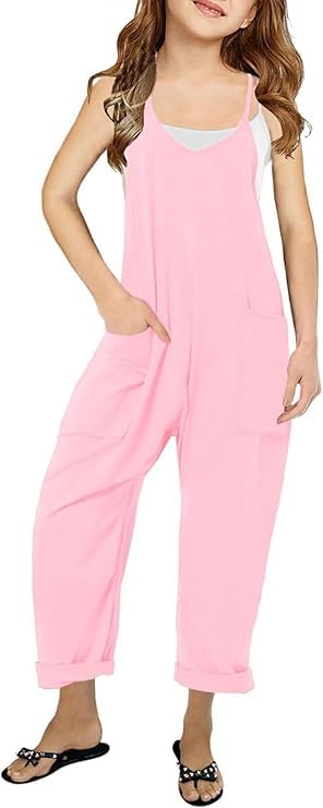 LNKQA Girl's Casual Sleeveless Jumpsuits Spaghetti Straps Harem Long Overalls With Pockets (Pink,7-8 Years) - Image 1
