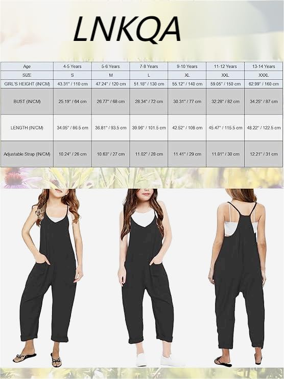LNKQA Girl's Casual Sleeveless Jumpsuits Spaghetti Straps Harem Long Overalls With Pockets (Pink,7-8 Years) - Image 3