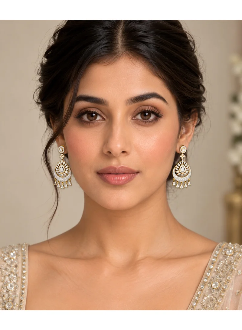 Lehar Indian Gold-Plated Stone Studded Chandbali Earrings – Crescent Moon Drop Danglers with Teardrop Tassels, Wedding & Party Jewelry for Women