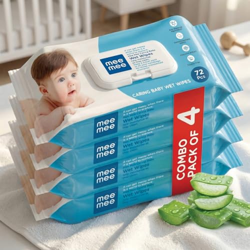 Mee Mee Wet Wipes for Baby Skin with Aloe Vera Paraben Free, Fragrance Free, pH Balanced, Dermatologically Safe, Baby Wipes Combo, 72 Wipes/Pack With Lid (Pack of 4 Wet Wipes) - Image 1