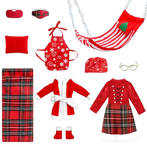 BEIREG Christmas Elf Doll Clothes Set Santa Bathrobe Plaid Dress Sleeping Bag Hammock Apron Boots Accessories for Girls Boys - Image 1