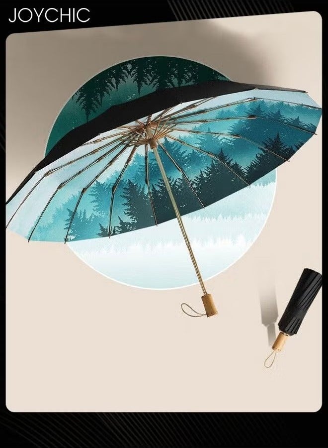 Joychic Retro Fashion Strong 16 Ribs UV Protection Sun Umbrella Black/Green - Image 1
