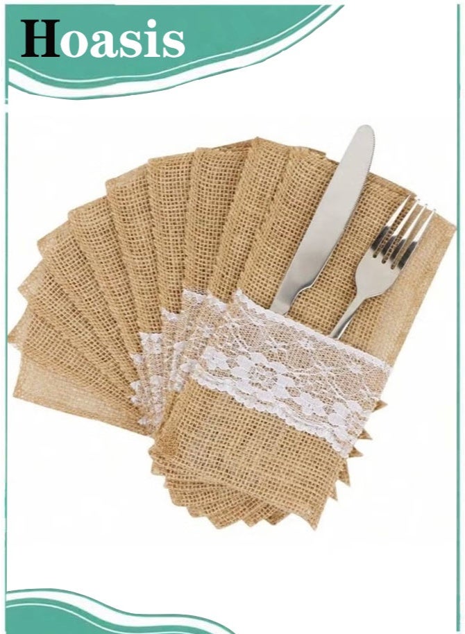 Hoasis 10 Pcs Burlap Cutlery Storage Bags, Rustic Utensil Pouches for Knives and Forks, Vintage Table Decor for Wedding Party and Bridal Shower, Reusable Cutlery Organizer for Home Dining and Family Gatherings (Natural Burlap) - Image 1