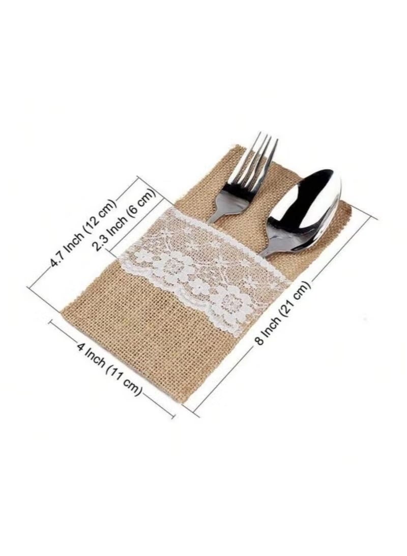 Hoasis 10 Pcs Burlap Cutlery Storage Bags, Rustic Utensil Pouches for Knives and Forks, Vintage Table Decor for Wedding Party and Bridal Shower, Reusable Cutlery Organizer for Home Dining and Family Gatherings (Natural Burlap) - Image 2