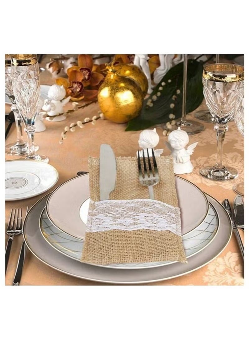 Hoasis 10 Pcs Burlap Cutlery Storage Bags, Rustic Utensil Pouches for Knives and Forks, Vintage Table Decor for Wedding Party and Bridal Shower, Reusable Cutlery Organizer for Home Dining and Family Gatherings (Natural Burlap) - Image 3