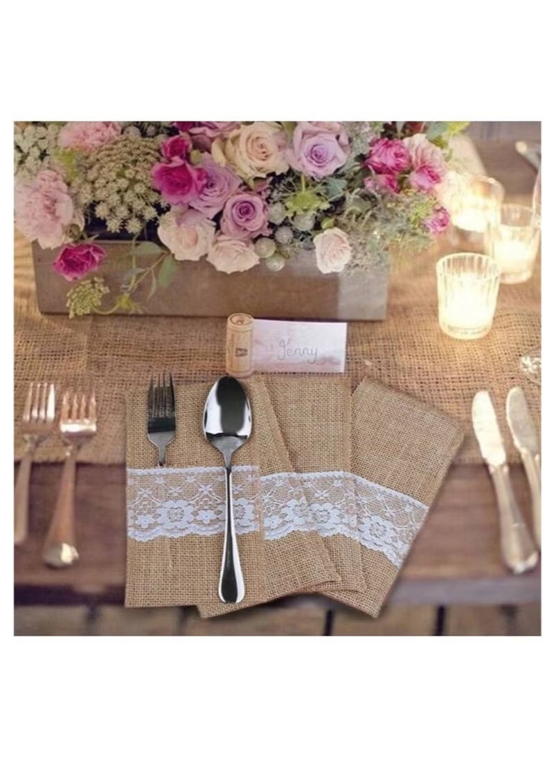 Hoasis 10 Pcs Burlap Cutlery Storage Bags, Rustic Utensil Pouches for Knives and Forks, Vintage Table Decor for Wedding Party and Bridal Shower, Reusable Cutlery Organizer for Home Dining and Family Gatherings (Natural Burlap) - Image 4
