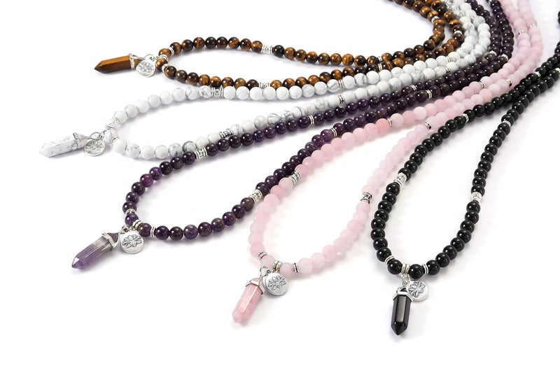 Jovivi 108 Mala Beads Bracelet 8mm Natural Amethyst Healing Crystal Stone Mala Prayer Bead Necklace Hexagonal Prism Gemstone Reiki Pointed Pendant for Yoga Meditation Energy Balancing - Image 3