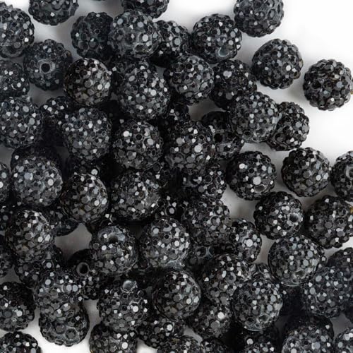 Jukercici 10mm Clay Rhinestone Beads for Bracelets 100 Pcs Sparkle Crystal Beads for Jewelry Making Glitter Round Shamballa Disco Ball Design for DIY Crafts Necklace Earrings Decoration Black - Image 1
