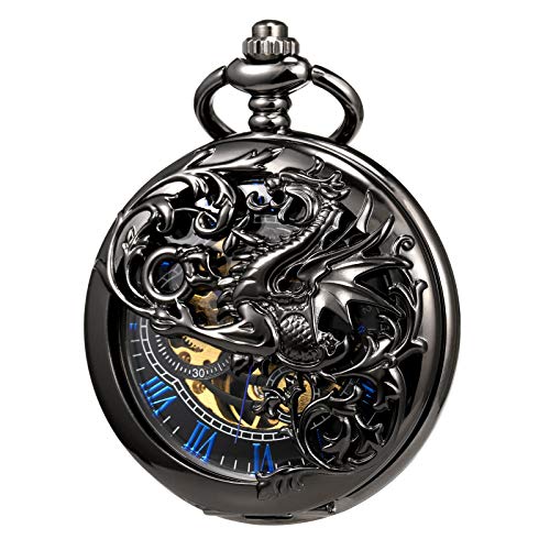 TREEWETO Mens Mechanical Pocket Watch Antique Dream Dragon Skeleton Silver Tone Double Open Case with China & Box Gift for Man Woman - Image 2