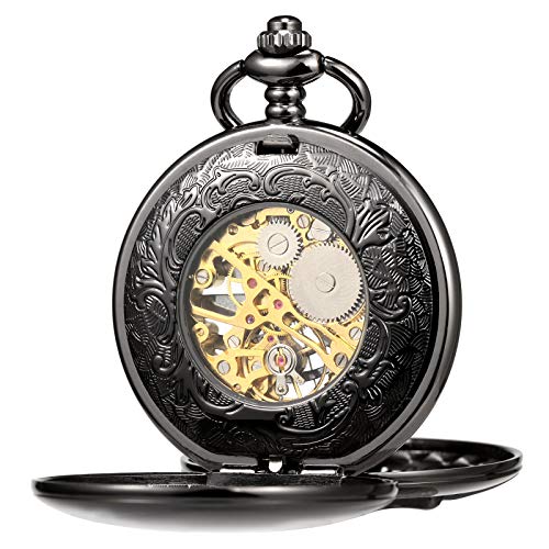 TREEWETO Mens Mechanical Pocket Watch Antique Dream Dragon Skeleton Silver Tone Double Open Case with China & Box Gift for Man Woman - Image 3