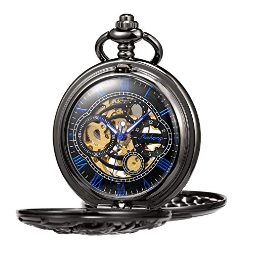 TREEWETO Mens Mechanical Pocket Watch Antique Dream Dragon Skeleton Silver Tone Double Open Case with China & Box Gift for Man Woman - Image 1