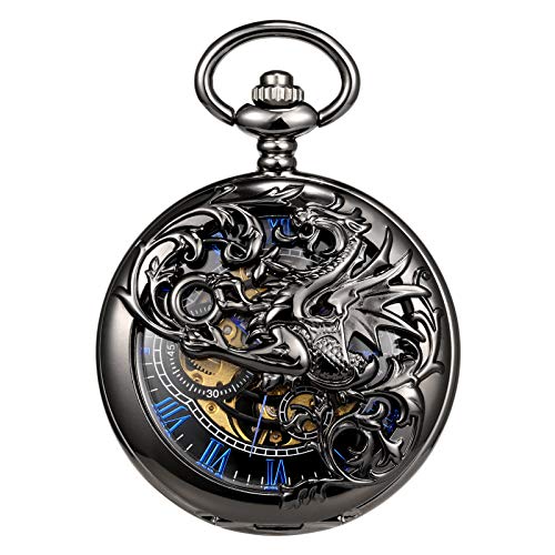 TREEWETO Mens Mechanical Pocket Watch Antique Dream Dragon Skeleton Silver Tone Double Open Case with China & Box Gift for Man Woman - Image 4