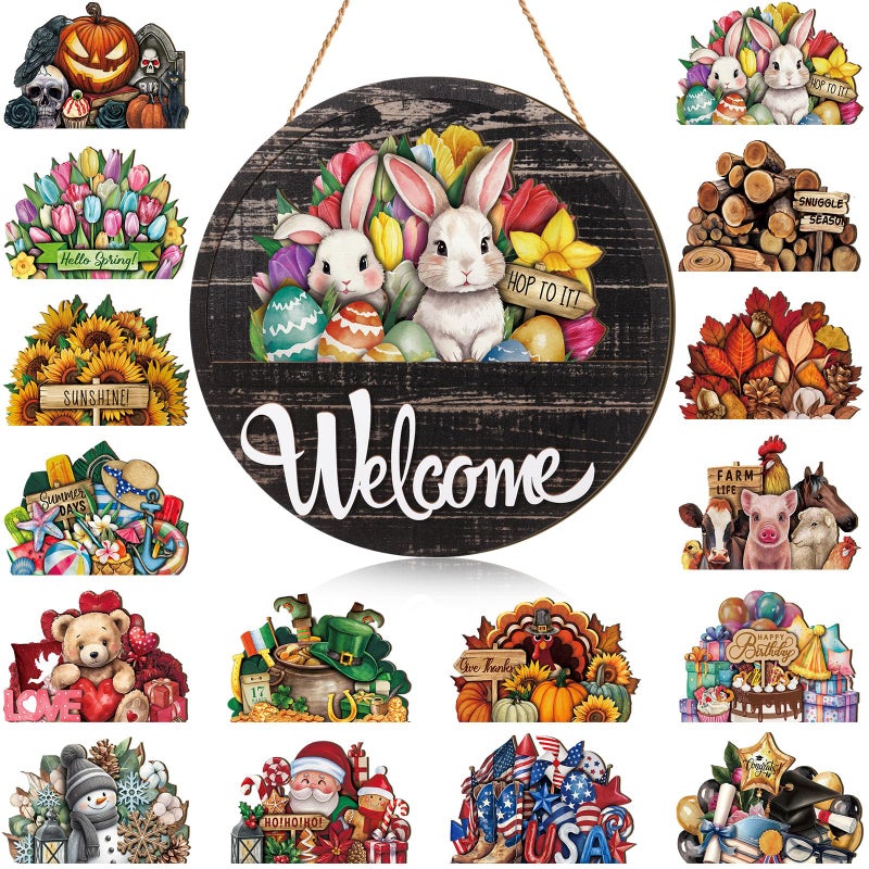 Yousoontic 17 Pcs 12 Inch Magnetic Welcome Door Sign Interchangeable Front Door Wreath Decor Rustic Seasonal Hanging Sign Easter Spring Decor for Home Warming Gift(Stylish Color,Modern Welcome) - Image 1