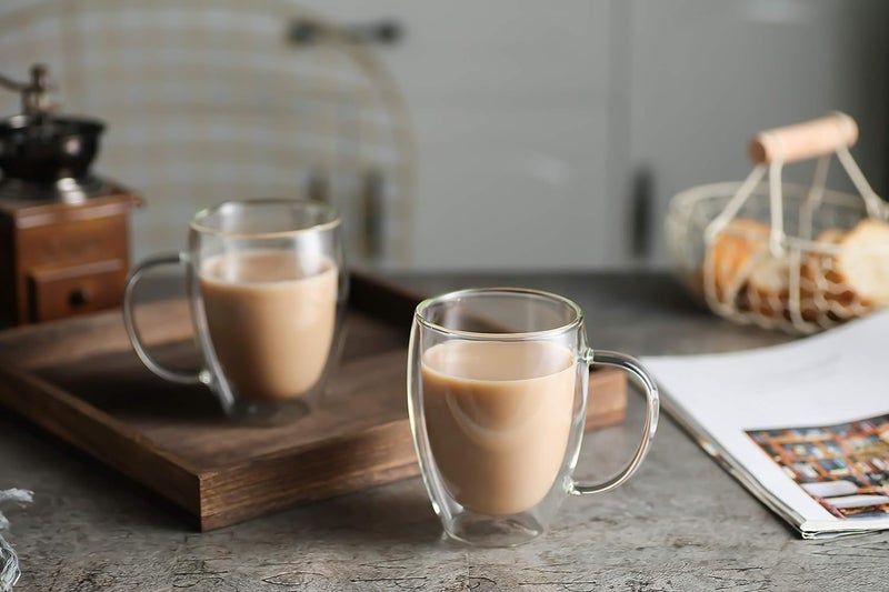 SKDBPM 1Pcs Double Wall Glass Mugs with Handle Glass Coffee Mugs, Clear Tea Cups, Perfect for Cold or Hot Drinks Stylish Espresso Chocolate Cappuccino Shake Fruit Juice Drinkware 350ML - Image 2