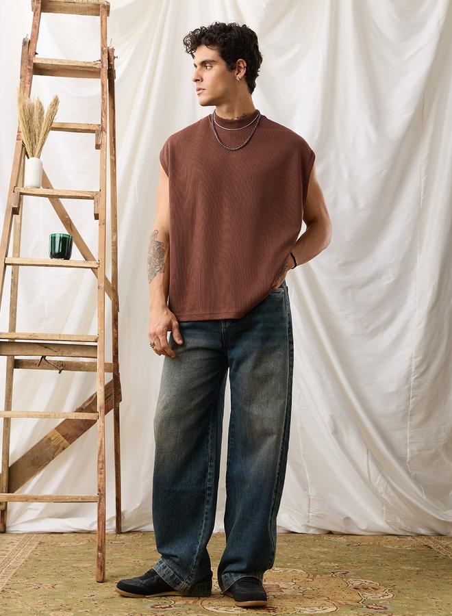 The Souled Store Men Rust Oversized Ribbed Knit Vest - Image 3