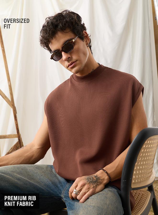 The Souled Store Men Rust Oversized Ribbed Knit Vest - Image 1