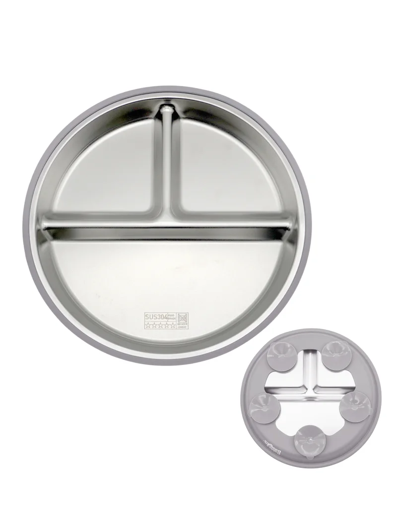 Babies Basic Babies Basic Stainless Steel plate with suction for Kids, Gray