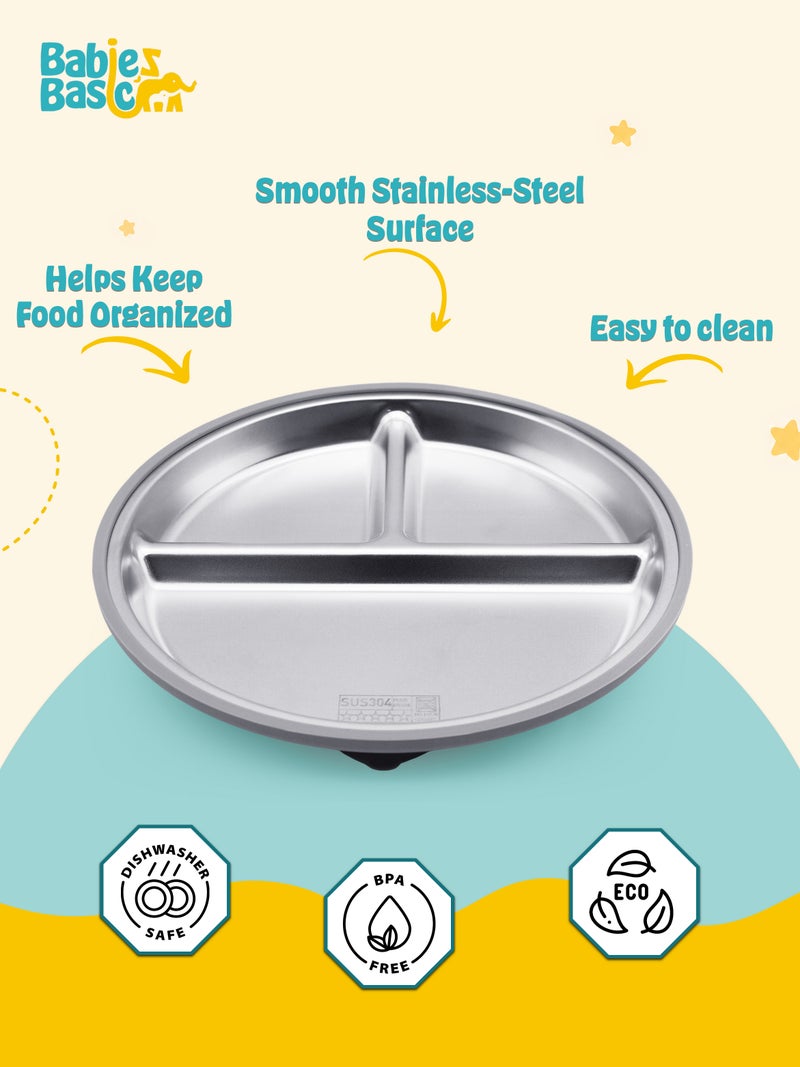 Babies Basic Stainless Steel plate with suction for Kids, Gray - Image 5