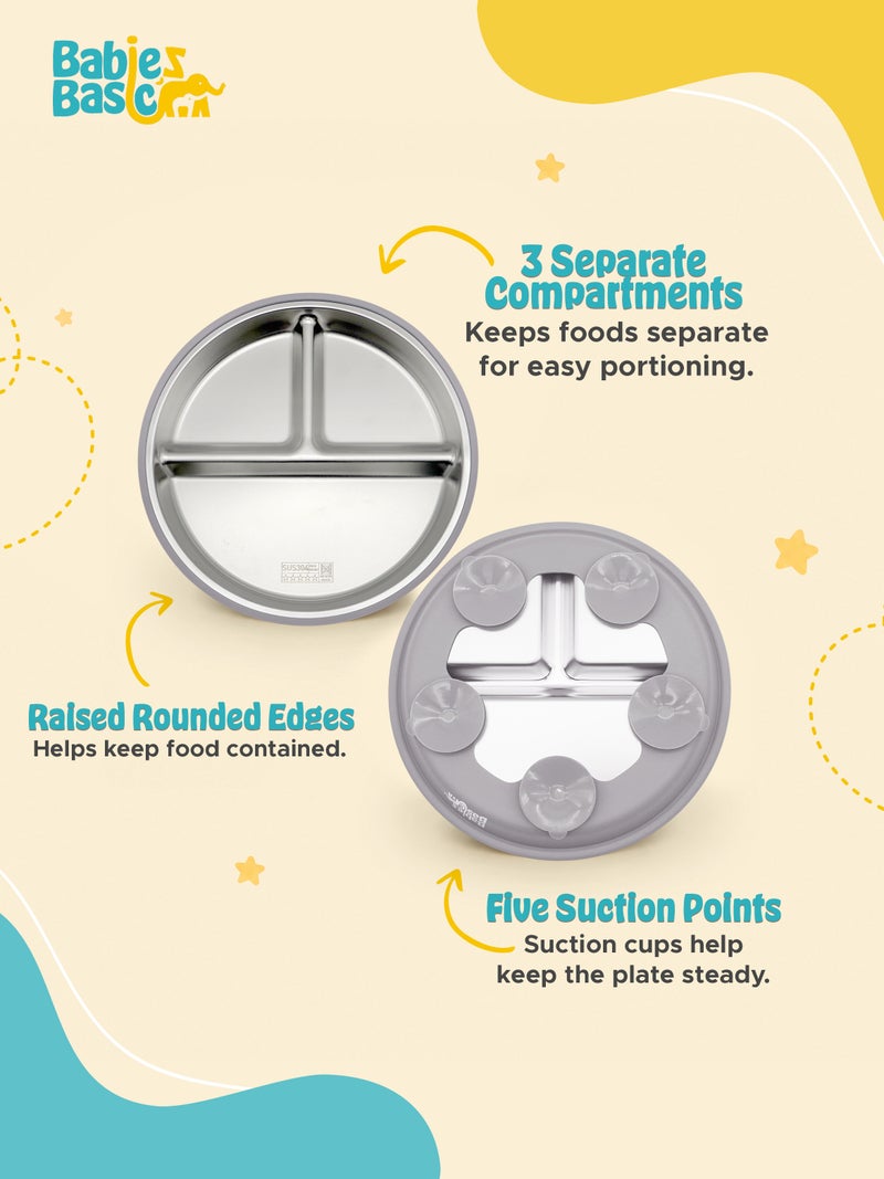 Babies Basic Stainless Steel plate with suction for Kids, Gray - Image 4