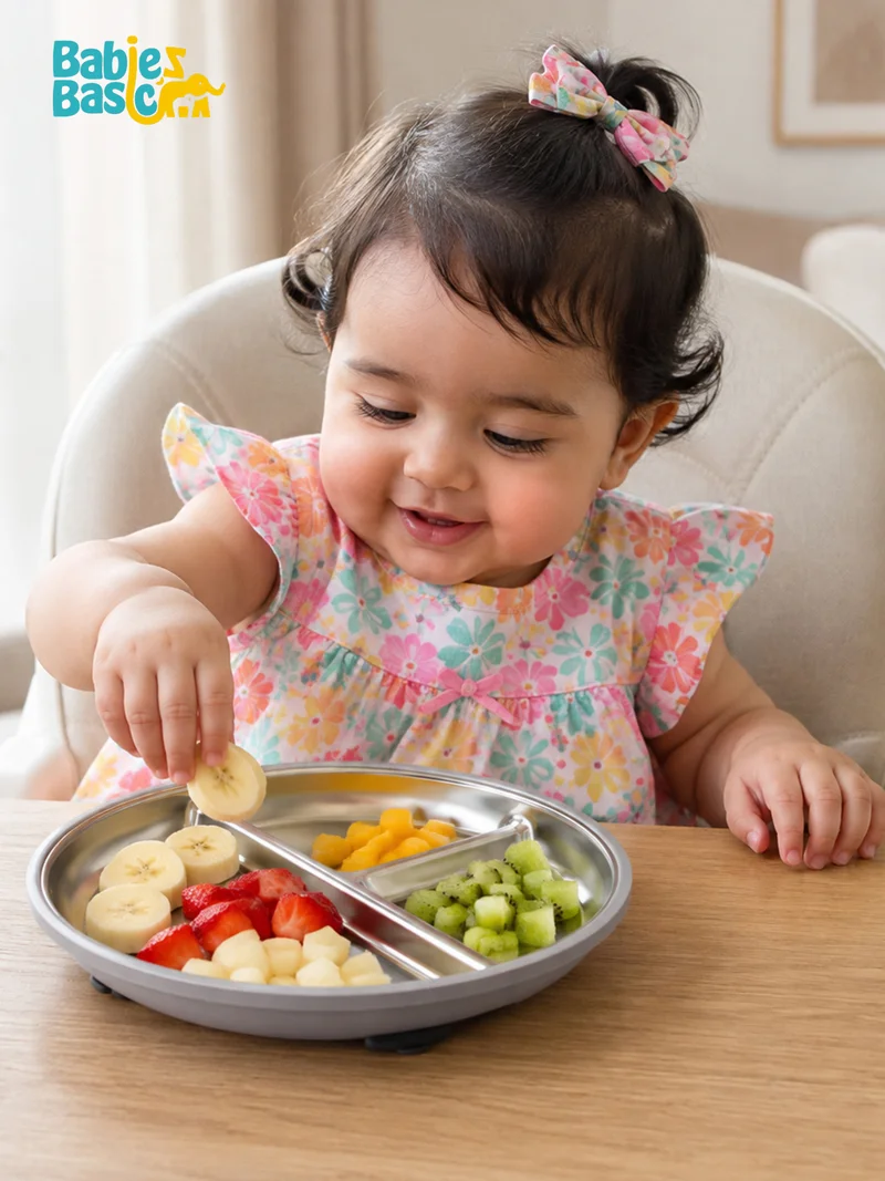 Babies Basic Babies Basic Stainless Steel plate with suction for Kids, Gray