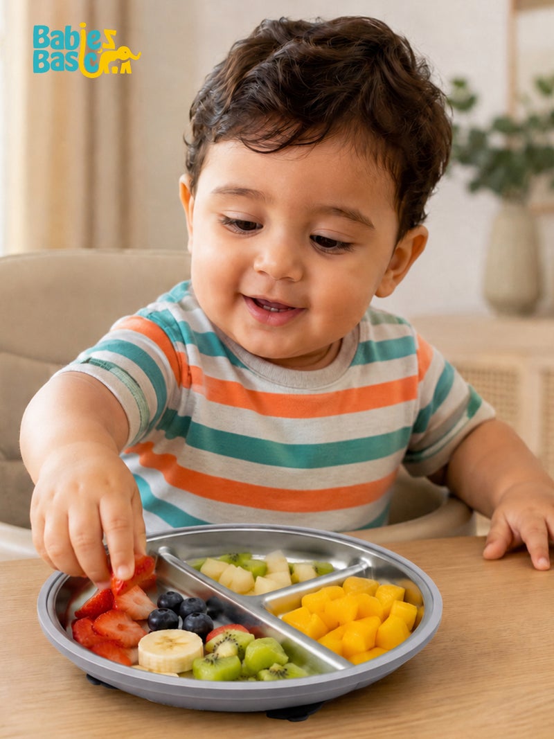 Babies Basic Stainless Steel plate with suction for Kids, Gray - Image 3