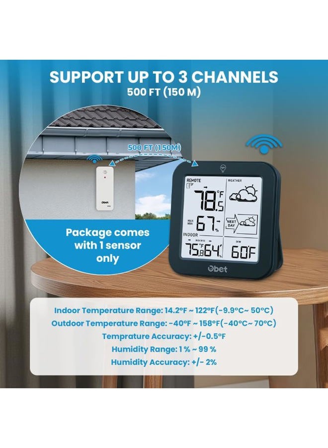 OBET Indoor Outdoor Thermometer Wireless Weather Station, Battery Powered Inside Outside Thermometers Remote Temperature Humidity Monitor with Backlight and Dew-point for Office Bedroom Greenhouse (500 Ft) - Image 4