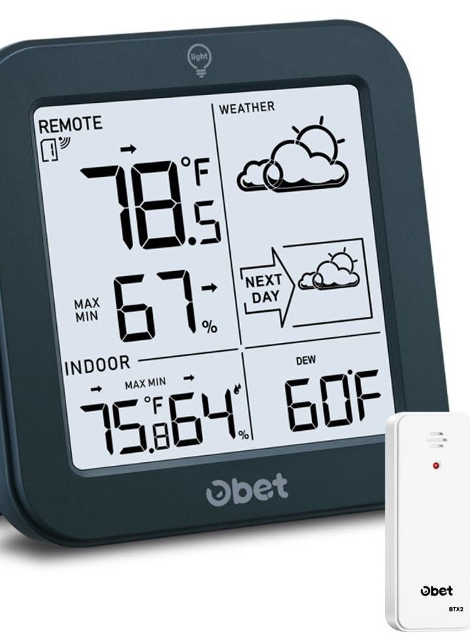 OBET Indoor Outdoor Thermometer Wireless Weather Station, Battery Powered Inside Outside Thermometers Remote Temperature Humidity Monitor with Backlight and Dew-point for Office Bedroom Greenhouse (500 Ft) - Image 1