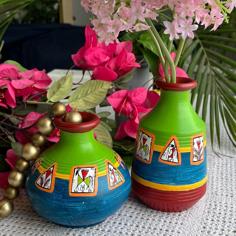 KalaTree KalaTree Terracotta Decorative Pots Vases for Home Dcor Earthenware Hand Painted Miniature Pots Artifacts for Living Room Teal Frames Warli  - Image 2