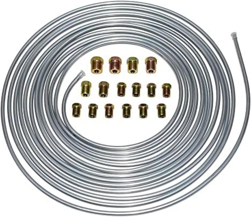A-Team Performance 3/16 Double-Walled Galvanized Steel Brake Line Roll Kit - 25 ft, .028 in wall - Corrosion-Resistant Hydraulic Brake Line & Trailer Tubing - 16-Piece Fitting Set - Image 1