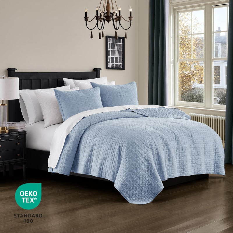 PALASSIO Baby Blue 100% Cotton Quilt Queen Size Bedding Sets with 2 Pillow Shams, Textured Lightweight Soft Bedspread Shabby Chic Coverlet, Neutral Quilted Comforter Bed Cover for All Season, 3 Pieces - Image 3