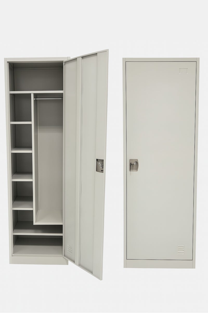 Karnak Metal Storage Locker Cabinet – Single Door, 5 Shelves with Hanging Rod, Lockable Steel Wardrobe for Home, Office, Gym, Staff Room – 185cm Height - Image 1