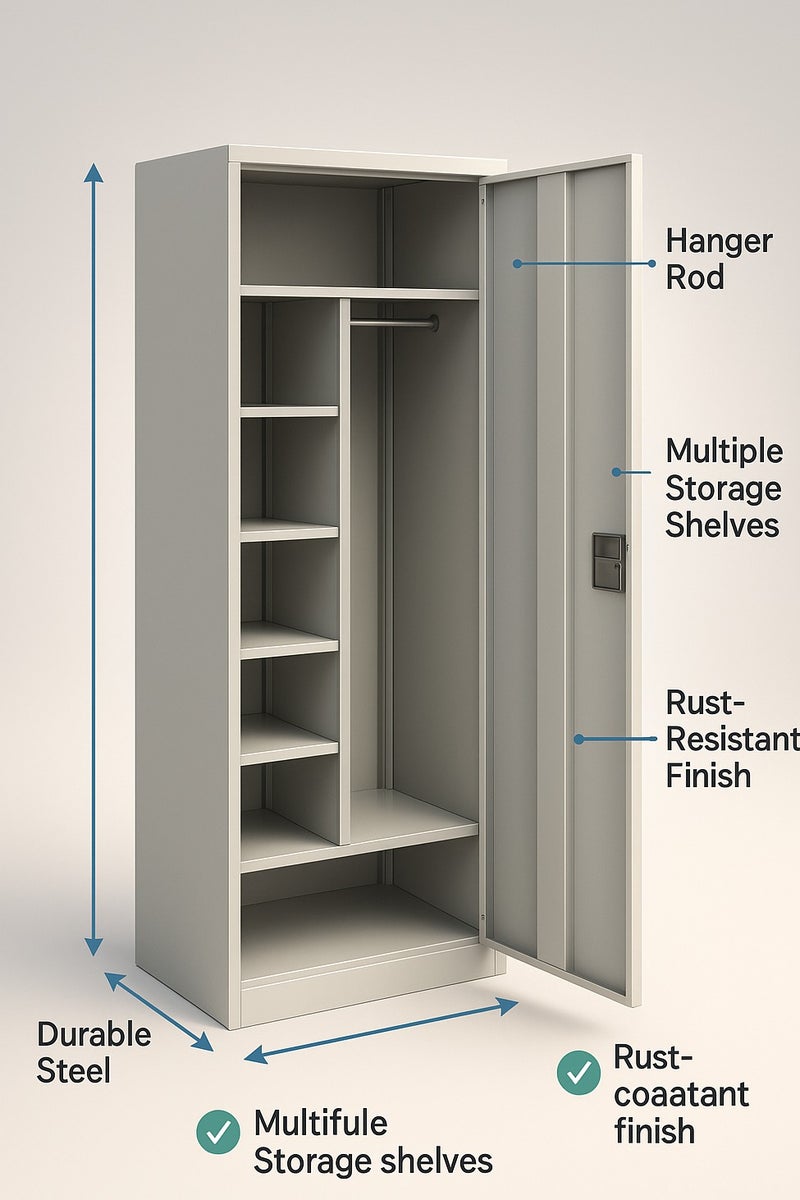 Karnak Metal Storage Locker Cabinet – Single Door, 5 Shelves with Hanging Rod, Lockable Steel Wardrobe for Home, Office, Gym, Staff Room – 185cm Height - Image 5