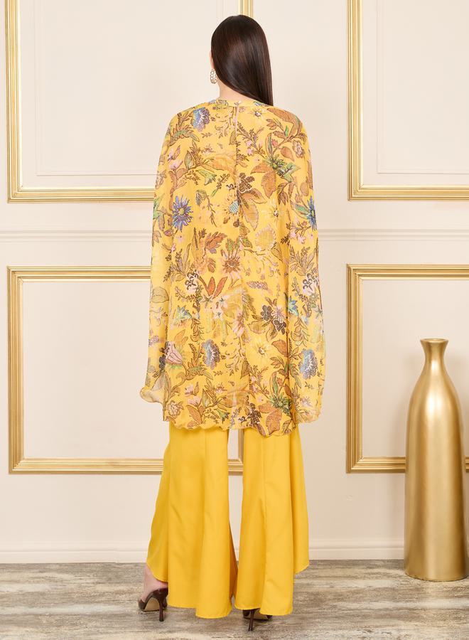 Styli Floral Print Cape Sleeves Longline Top and Flared Pant Co-ord - Image 4