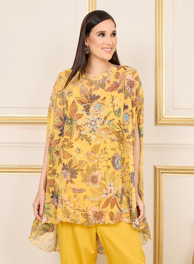Styli Floral Print Cape Sleeves Longline Top and Flared Pant Co-ord - Image 2
