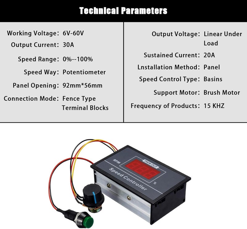 فلاين PMW 6-60V 12V 24V 36V 48V 30A PWM وحدة تحكم سرعة محرك DC، محكم سرعة قابل للتعديل بدون درجات، مفتاح سرعة متغير، لوحة دائرة تحكم LED مع شاشة عرض، مفتاح بدء وإيقاف - Image 2