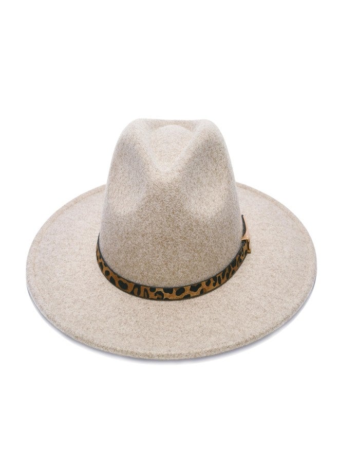 YOUBADU Wide Brim Fedora Hat for Women, Faux Wool Felt, Animal Print Band, Classic Western Style, Beige Leopard, M/One size - Image 2