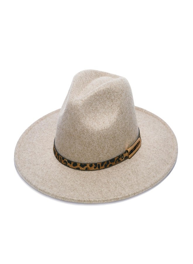 YOUBADU Wide Brim Fedora Hat for Women, Faux Wool Felt, Animal Print Band, Classic Western Style, Beige Leopard, M/One size - Image 1