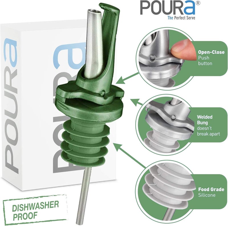 Poura فوهة زيت زيتون للتوزيع - مرخصة في المملكة المتحدة - إمكانية إيقاف تدفق الزيت - غطاء بيد واحدة يحافظ على طزاجة الزيت - عبوة تحتوي على 6 قطع، اللون أخضر. - Image 5