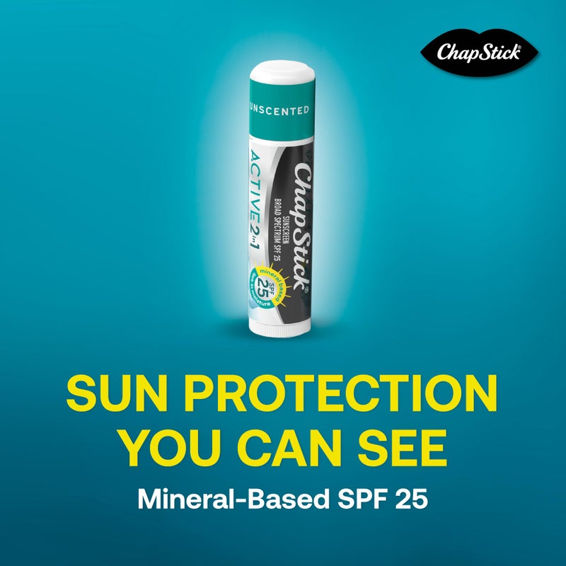 ChapStick Active 2-in-1 Unscented Flavored Lip Balm Tubes with Mineral Based SPF 25 Sunscreen - 0.18 Oz (Pack of 3) - Image 5