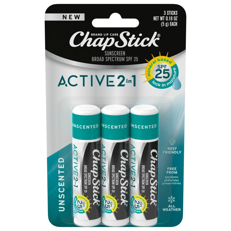 ChapStick Active 2-in-1 Unscented Flavored Lip Balm Tubes with Mineral Based SPF 25 Sunscreen - 0.18 Oz (Pack of 3) - Image 1