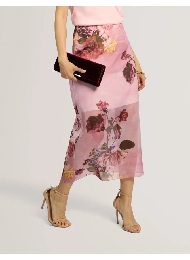 Printed Organza Overlay Midi Skirt