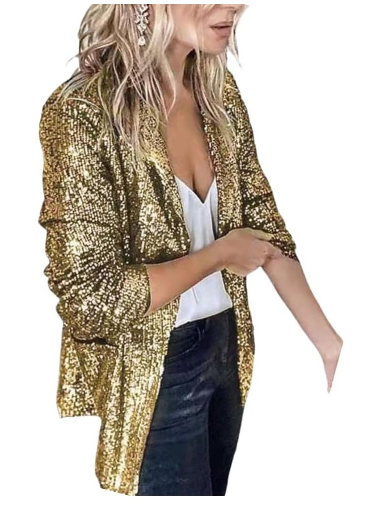 Generic - Showday Women's Sequin Shiny Open Front Blazer Evening Party Sparkly Long Sleeve Slim Cardigan Jacket Fashion Open Front Plus Size Blazer Coats - Image 1